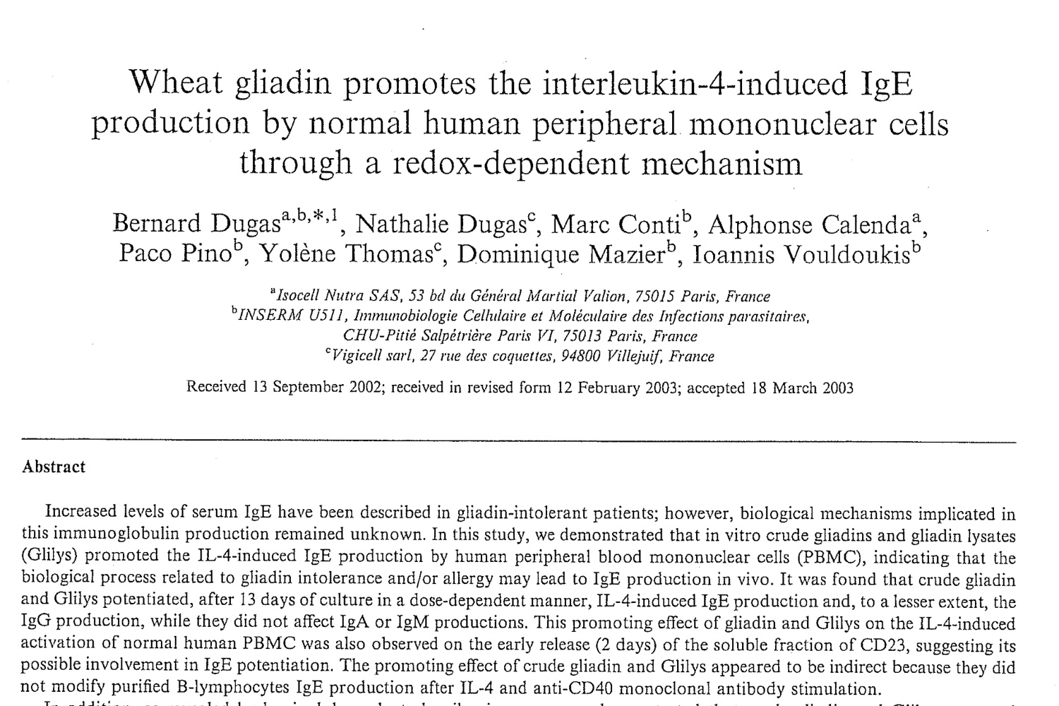 Wheat gliadin promotes the interleukin-4-induced IgE production by normal human peripheral mononuclear cells through a redox-dependent mechanism