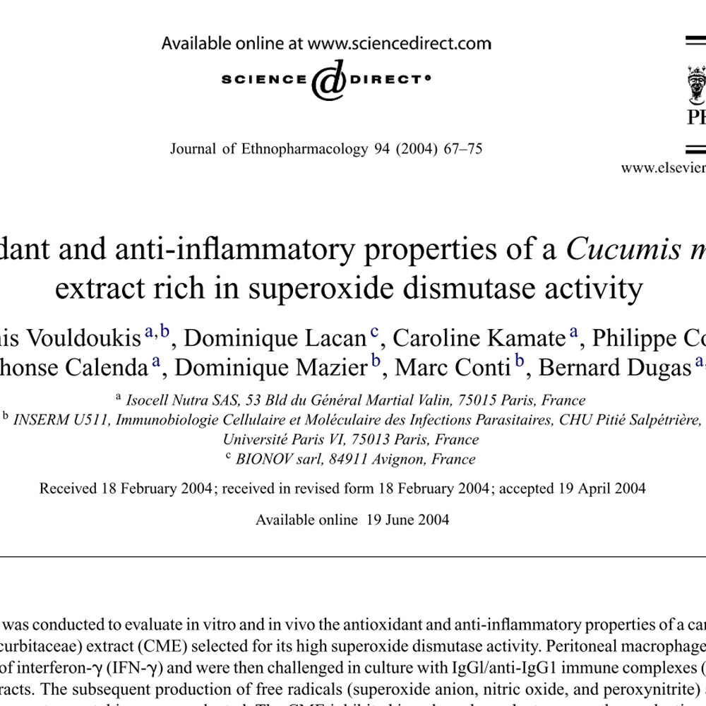 Antioxidant and anti-inflammatory properties of a Cucumis melon extract rich in superoxide dismutase activity