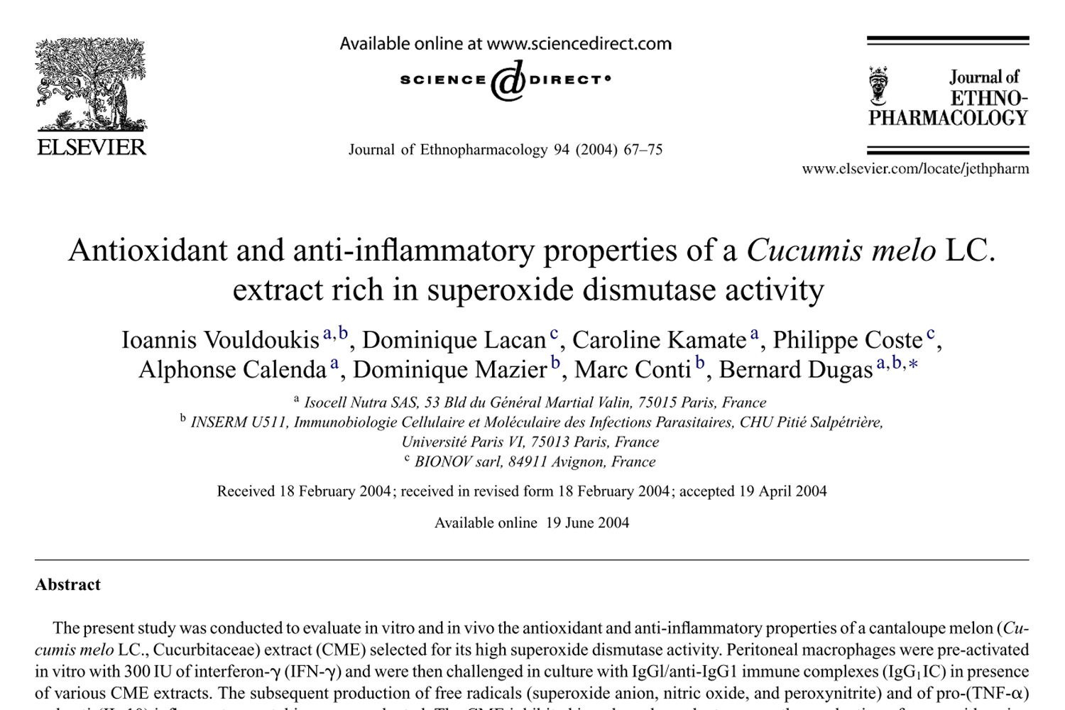 Antioxidant and anti-inflammatory properties of a Cucumis melon extract rich in superoxide dismutase activity