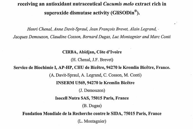 Restored antioxidant circulating capacities in AIDS west african patients receiving an antioxidant nutraceutical Cucumis melon extract rich in superoxide dismutase activity Restored antioxidant circulating capacities in AIDS west african patients receiving an antioxidant nutraceutical Cucumis melon extract rich in superoxide dismutase activity