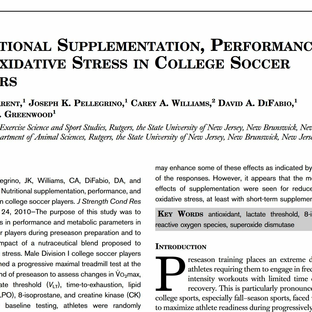 Nutritional Supplementation, Performance, and Oxidative Stress in College Soccer Players