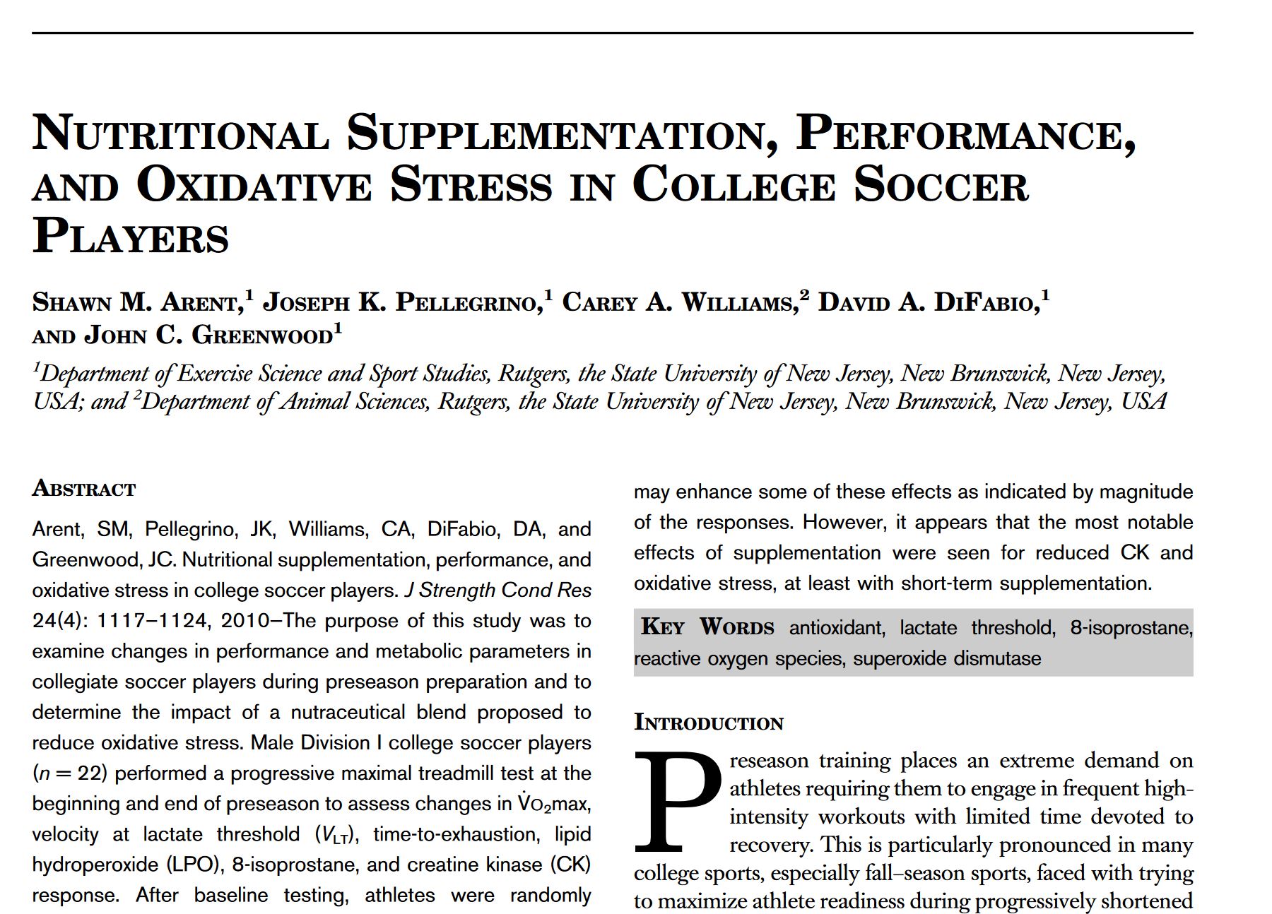 Nutritional Supplementation, Performance, and Oxidative Stress in College Soccer Players