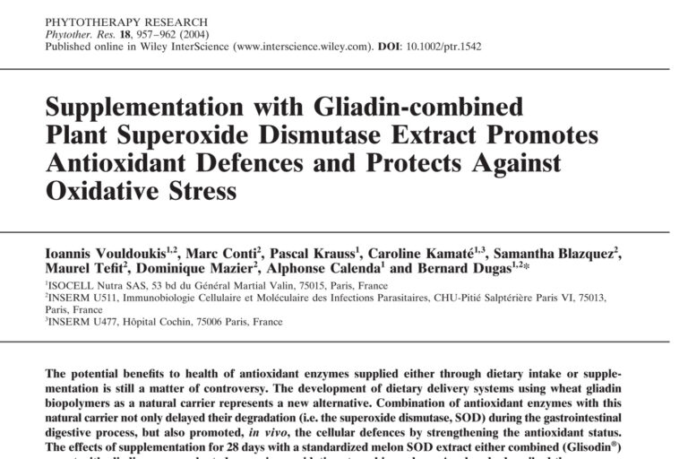 Supplementation with gliadin-combined plant superoxide dismutase extract promotes antioxidant defences and protects against oxidative stress supplementation with gliadin-combined standardized melon SOD extract (Glisodin) promoted the cellular antioxidant status and protected against oxidative stress-induced cell death.
