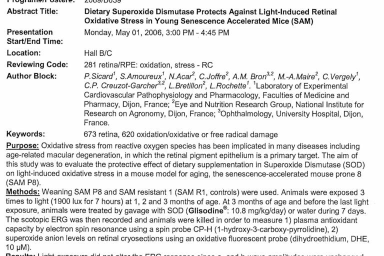 Dietary Superoxide Dismutase Protects Against Light–Induced Retinal Oxidative Stress in Young Senescence Accelerated Mice (SAM) these data suggest that dietary SOD supplementation is efficient to limit retinal oxidative stress by increasing plasma antioxidant capacity