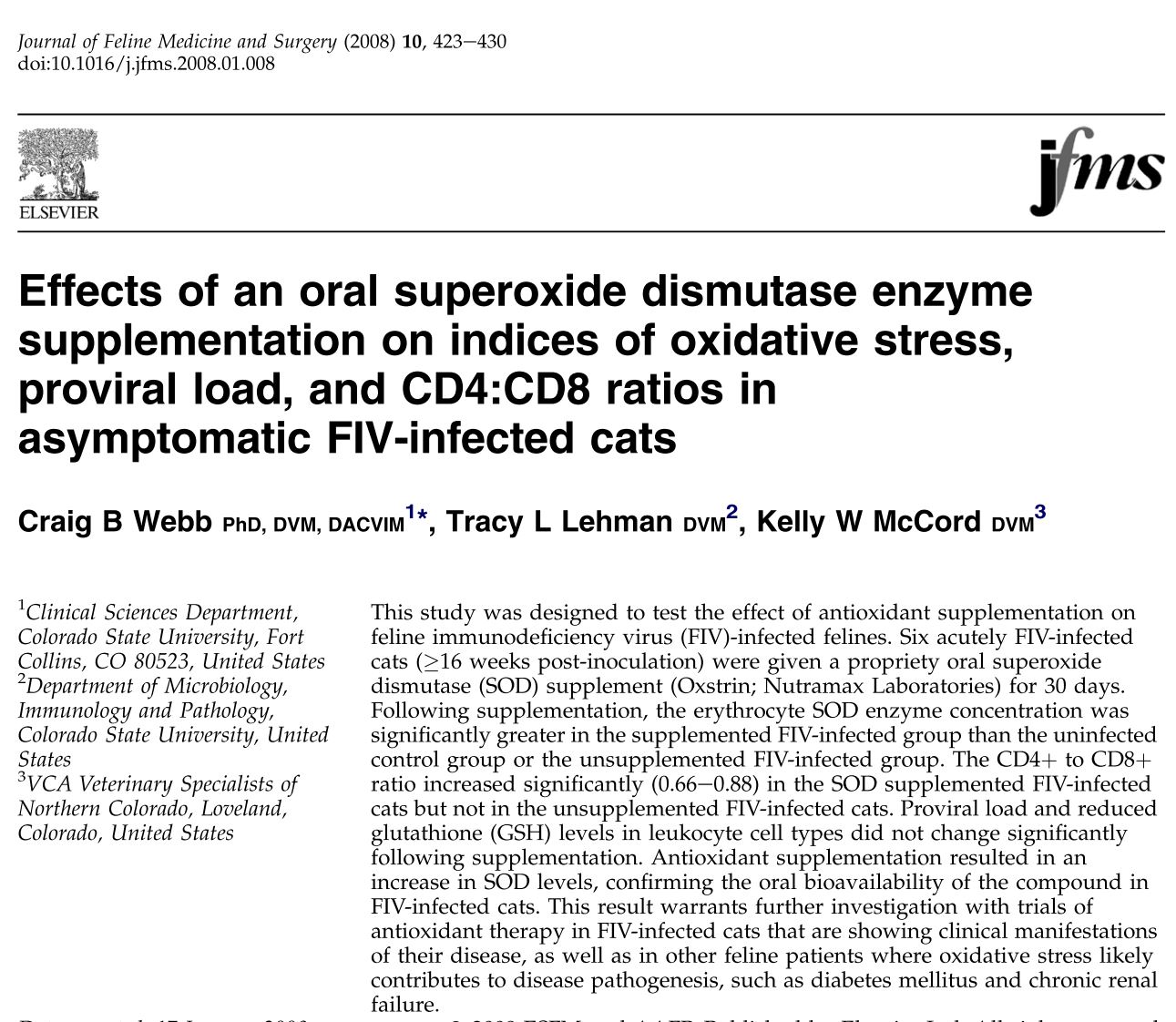 Effects of oral SOD on oxidative stress in asymptomatic FIV-infected cats