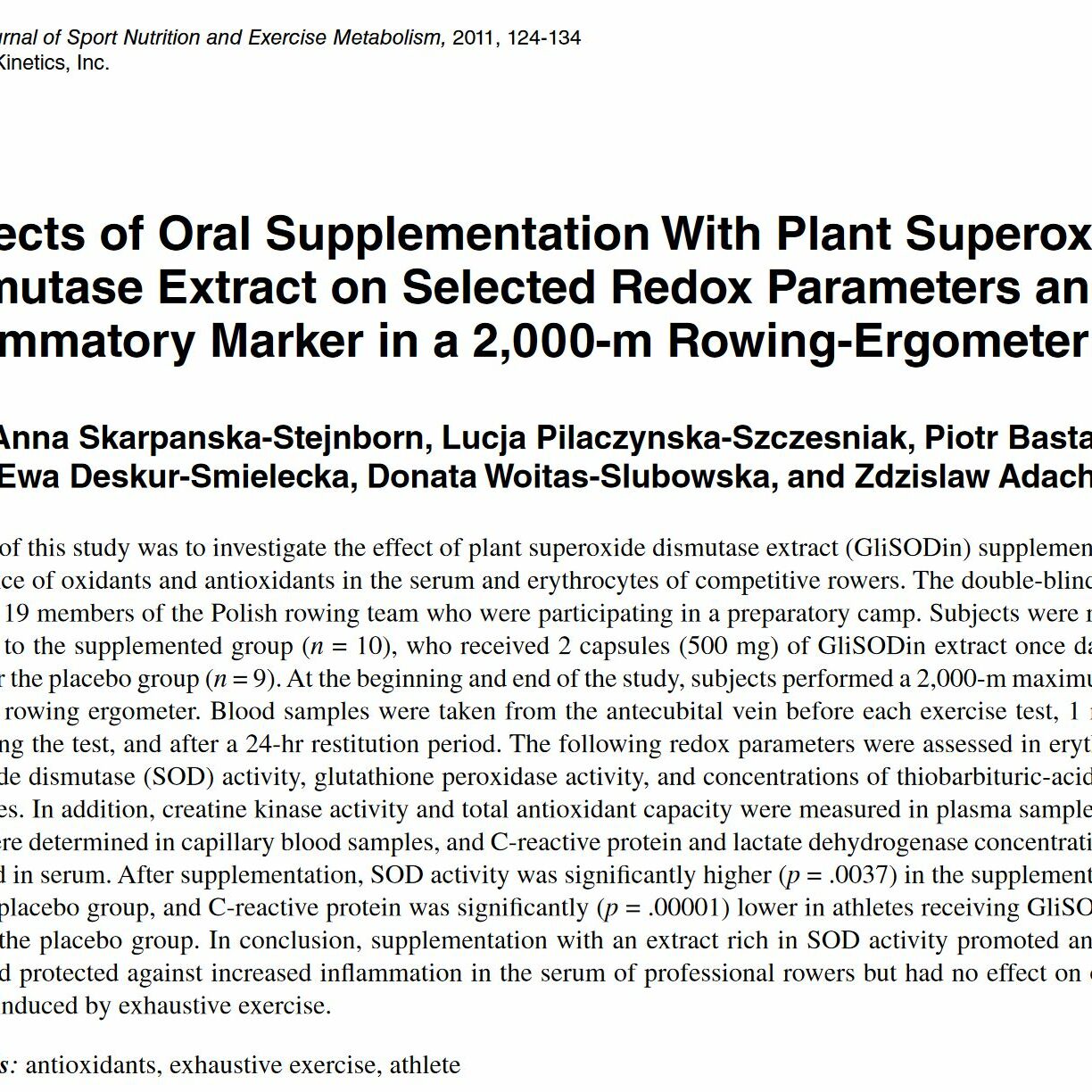 Effects of oral supplementation with plant superoxide dismutase extract on selected redox parameters and an inflammatory marker in a 2,000-m rowing-ergometer test