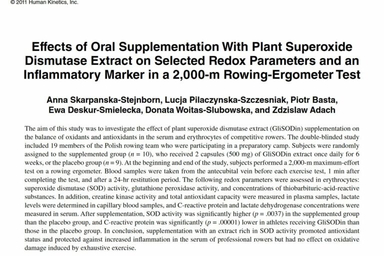 Effects of oral supplementation with plant superoxide dismutase extract on selected redox parameters and an inflammatory marker in a 2,000-m rowing-ergometer test Effects of oral supplementation with plant superoxide dismutase extract on selected redox parameters and an inflammatory marker in a 2,000-m rowing-ergometer test