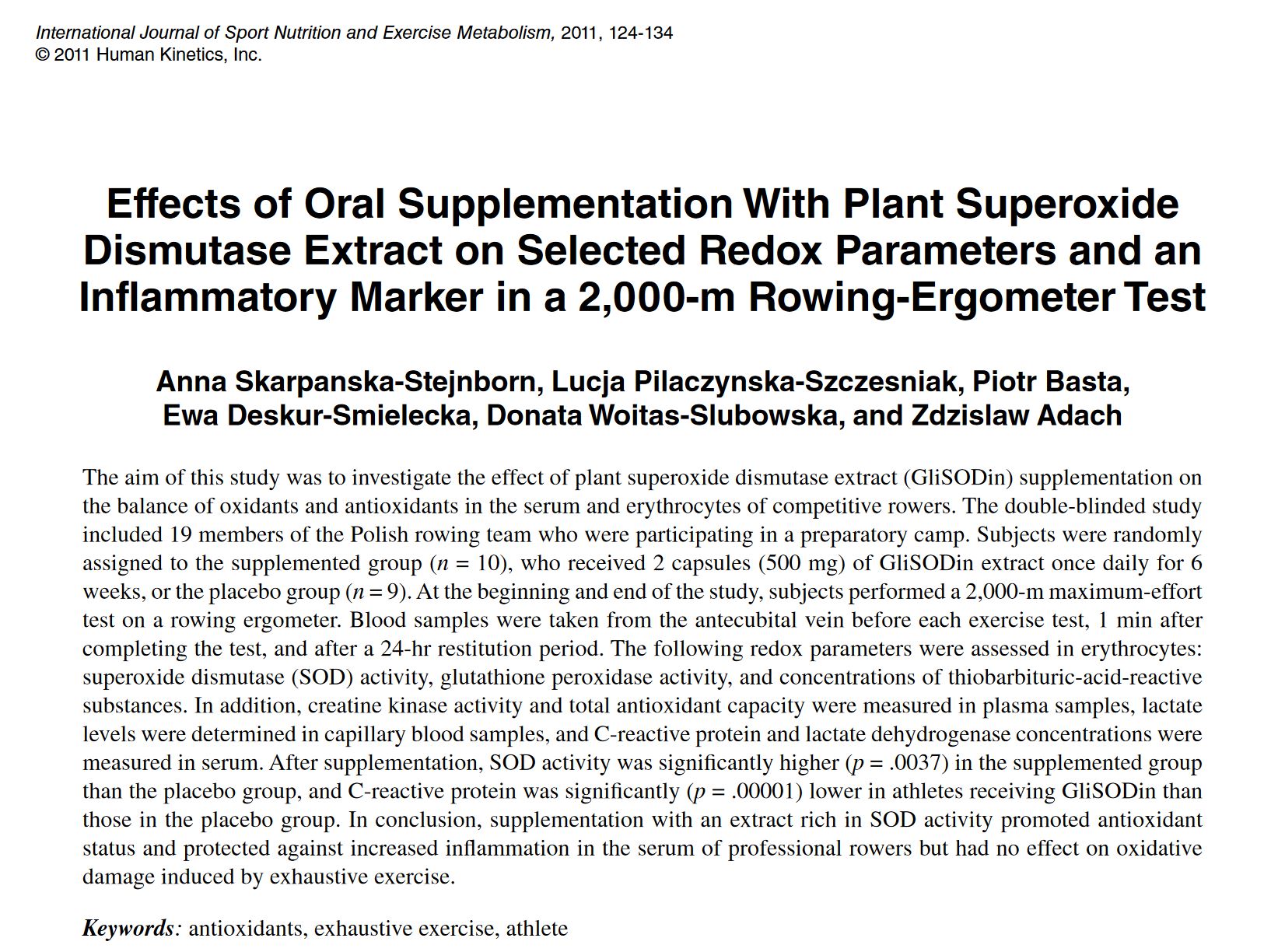 Effects of oral supplementation with plant superoxide dismutase extract on selected redox parameters and an inflammatory marker in a 2,000-m rowing-ergometer test