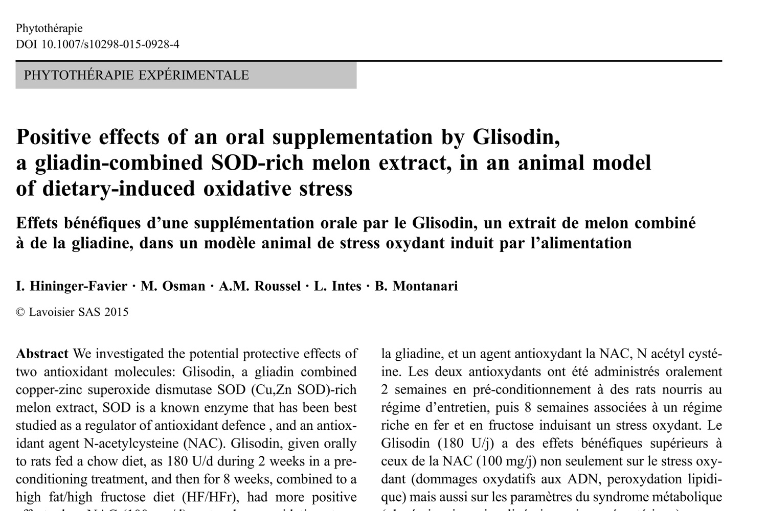 Positive effects of an oral supplementation by GliSODin, a gliadin-combined SOD-rich melon extract, in an animal model of dietary-induced oxidative stress