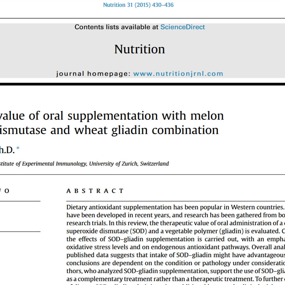 Therapeutic value of oral supplementation with melon superoxide dismutase and wheat gliadin combination