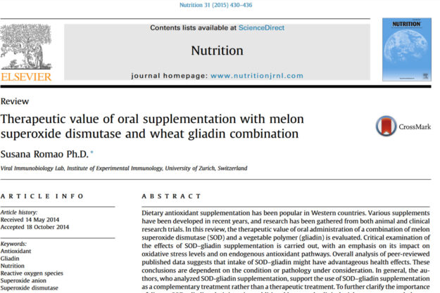 Therapeutic value of oral supplementation with melon superoxide dismutase and wheat gliadin combination