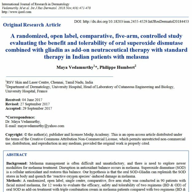 A randomized, open label, comparative, five-arm, controlled study evaluating the benefit and tolerability of oral superoxide dismutase combined with gliadin as add-on neutraceutical therapy with standard therapy in Indian patients with melasma