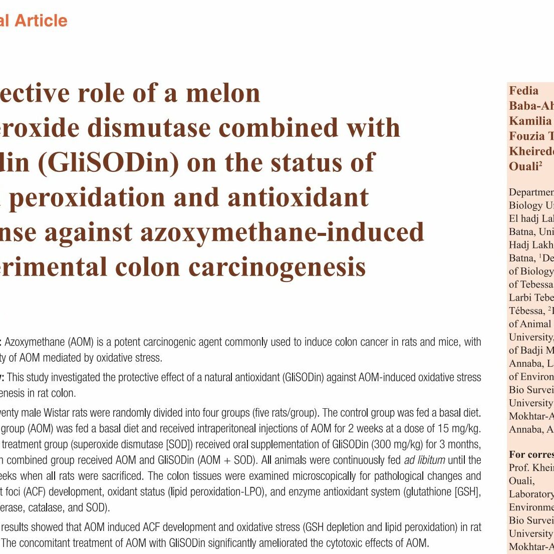 Protective role of a melon superoxide dismutase combined with gliadin (GliSODin) on the status of lipid peroxidation and antioxidant defense against azoxymethane-induced experimental colon carcinogenesis