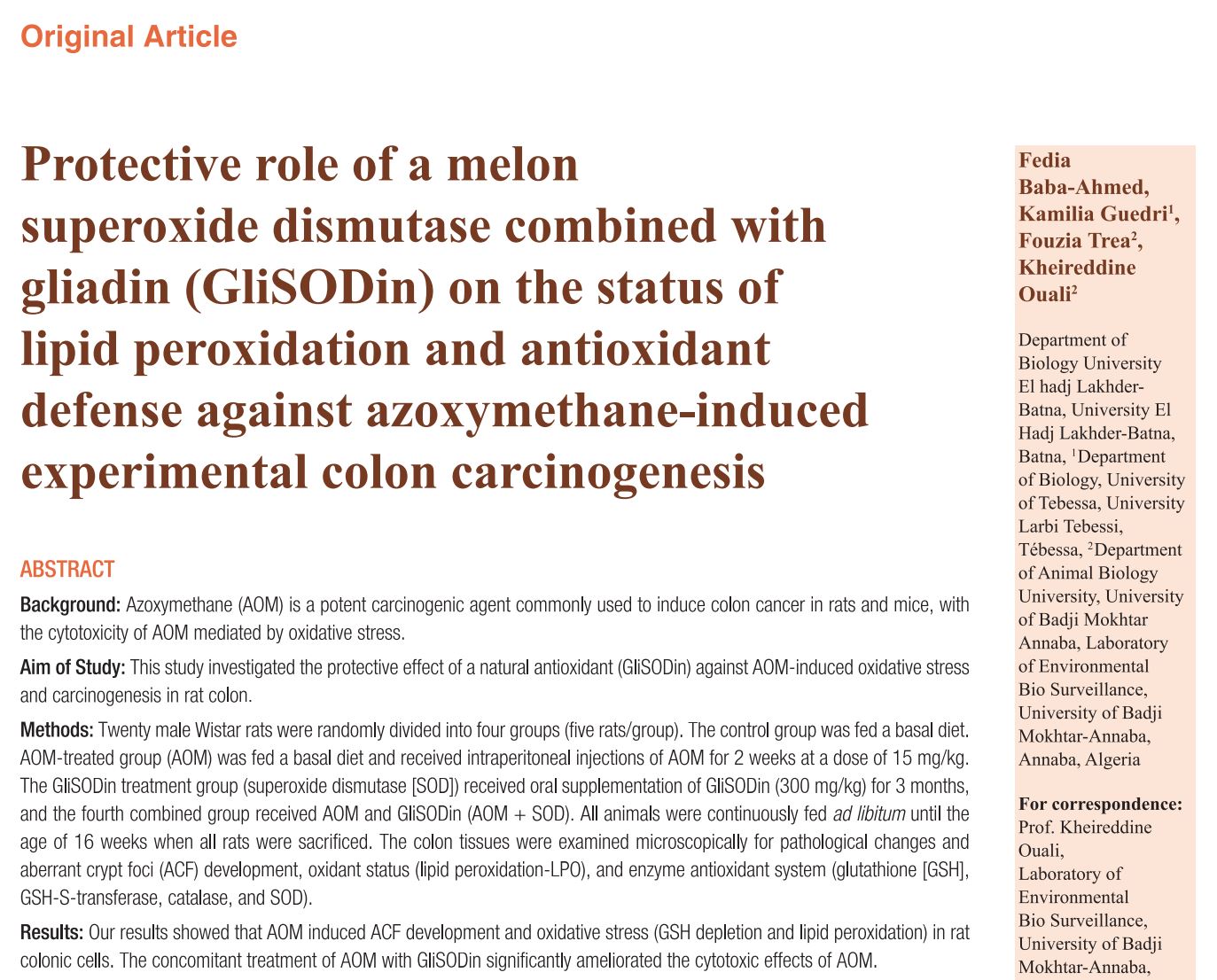 Protective role of a melon superoxide dismutase combined with gliadin (GliSODin) on the status of lipid peroxidation and antioxidant defense against azoxymethane-induced experimental colon carcinogenesis