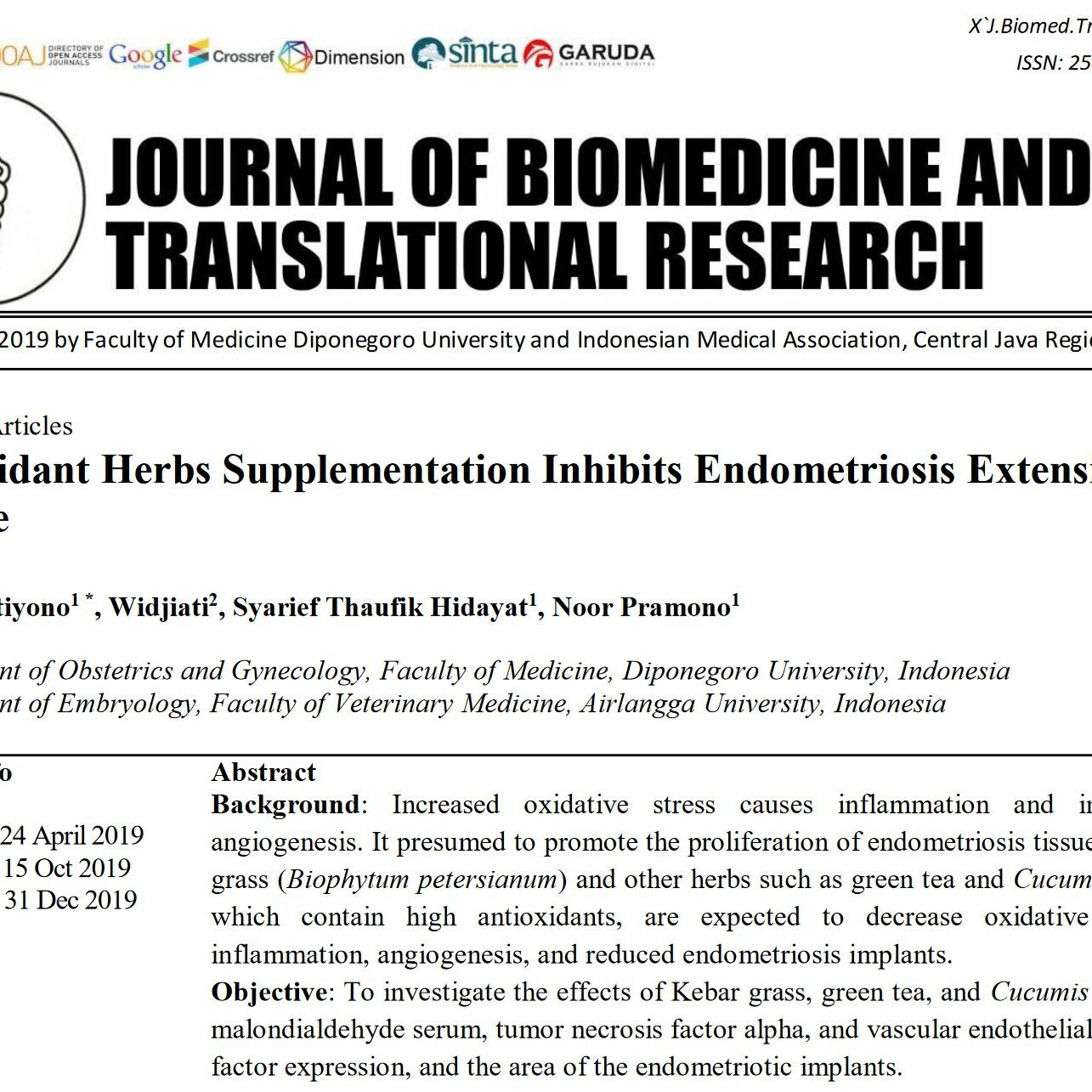 Antioxidant Herbs Supplementation Inhibits Endometriosis Extension in Mice