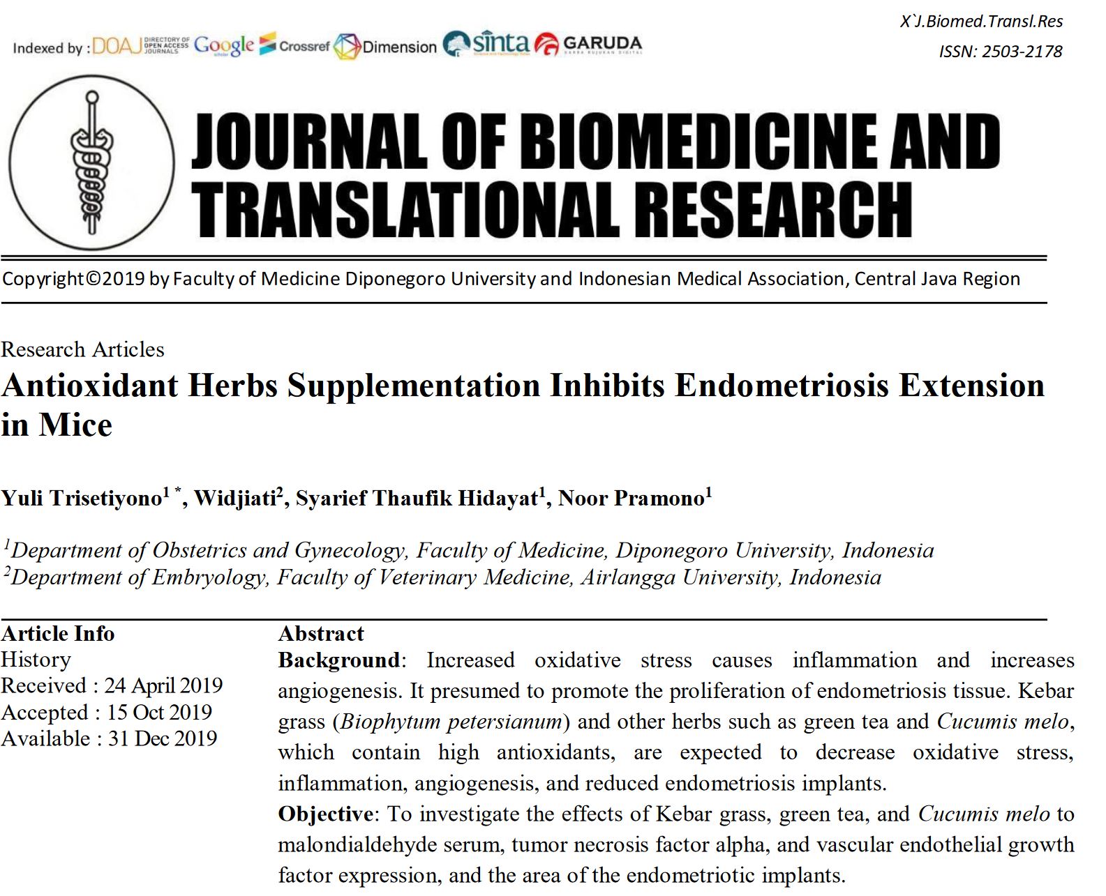 Antioxidant Herbs Supplementation Inhibits Endometriosis Extension in Mice